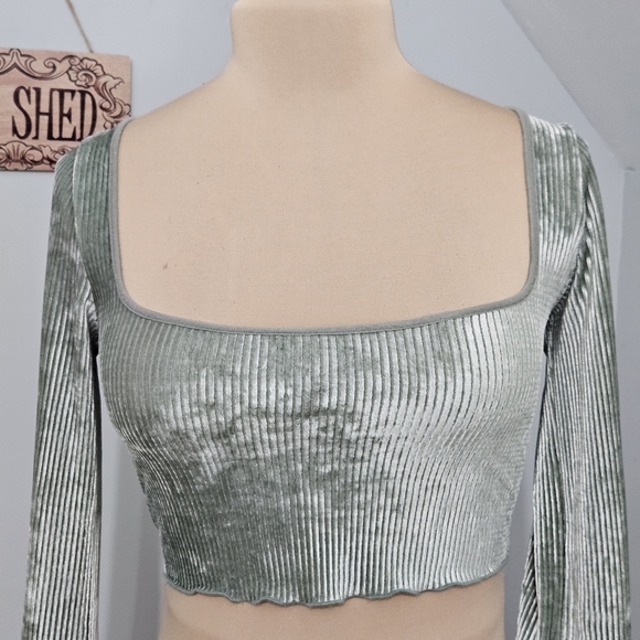 Urban Outfitters Tops - Out From Under Urban Outfitters Green Velvet Long Sleeve Square Neck Crop Top S